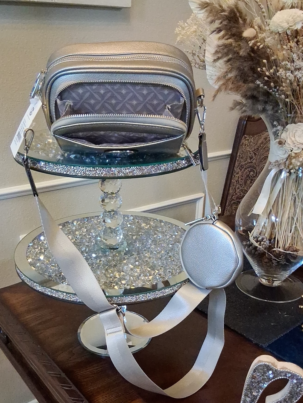 New Christian Lacroix Silver Pewter Faux Leather Crossbody Camera Bag With Pouch - Picture 15 of 16